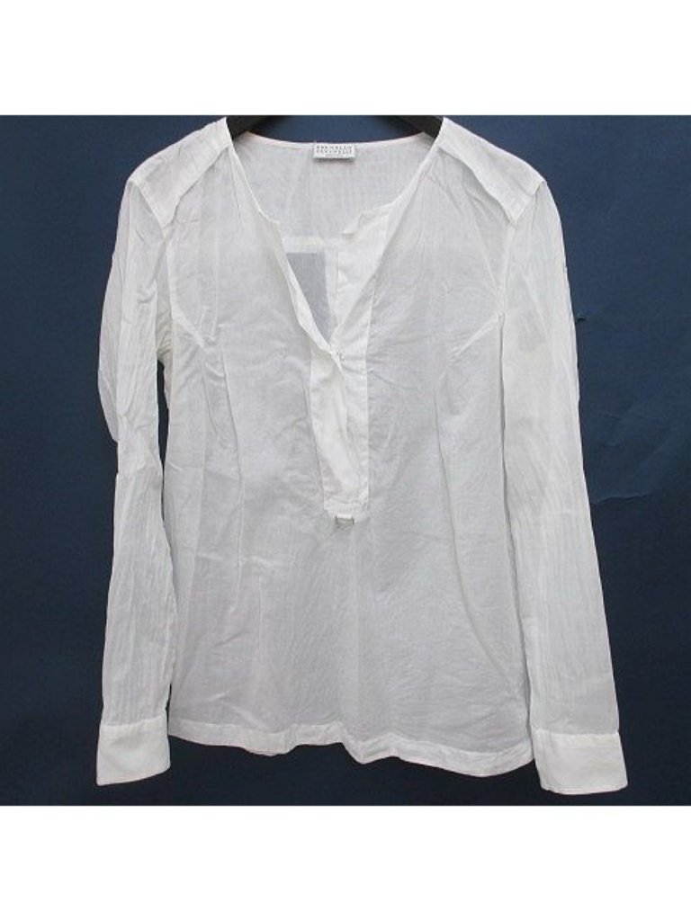 Brunello Cucinelli Long Sleeve Shirt Blouse White Dot Button D Ring Sheer